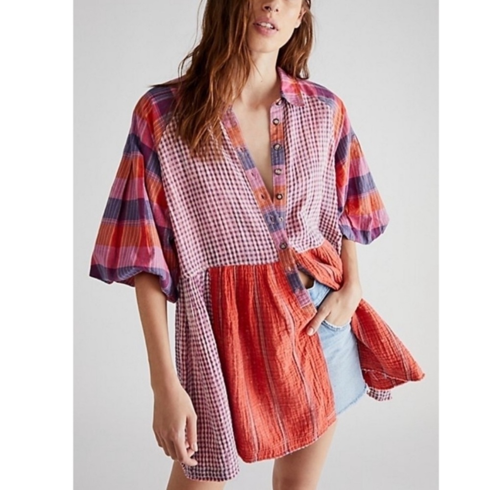We The Free Sunshine Bay Red Purple Plaid Oversized Patchwork Button Down Top XS